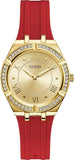 Guess Cosmo Diamonds Gold Dial Red Rubber Strap Watch for Women - GW0034L6