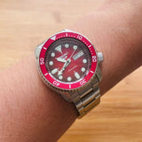 Seiko 5 Sports Mechanical Limited Edition Red Dial Silver Steel Strap Watch For Men - SRPK63K1