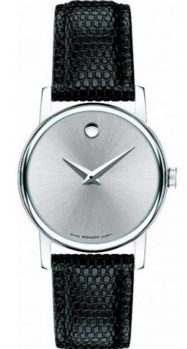 Movado Museum Silver Dial Black Leather Strap Watch For Women - 2100003