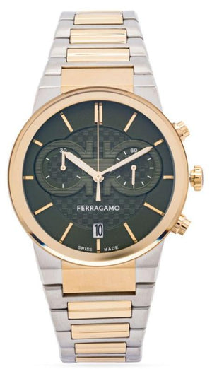 Salvatore Ferragamo Sapphire Chrono Black Dial Two Tone Steel Strap Watch for Men - SFME01223