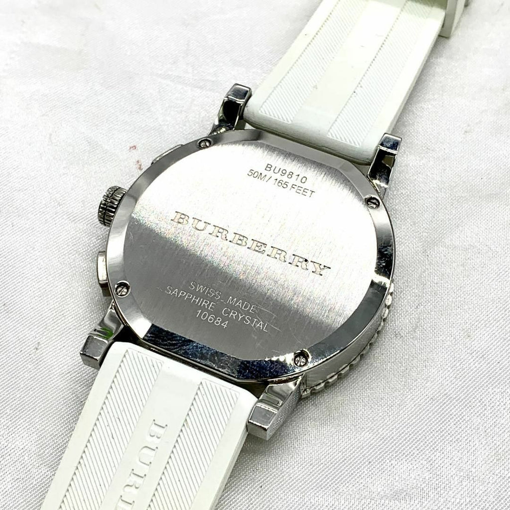 Burberry The City Chronograph Silver Dial White Rubber Strap Watch 