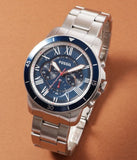 Fossil Grant Sport Chronograph Blue Dial Silver Steel Strap Watch for Men - FS5238