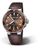 Oris Aquis Date Brown Dial Brown Leather Strap Watch for Men - 0173377304152-0752412EB