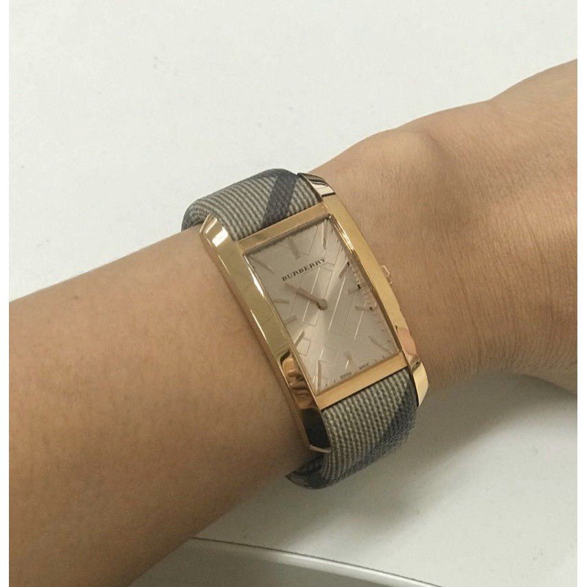 Burberry The Pioneer Rose Gold Dial Haymarket Brown Leather Strap