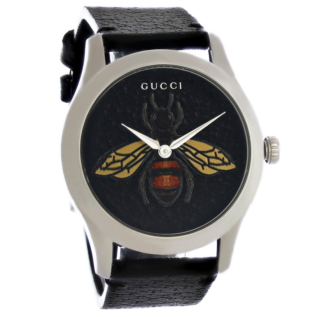 GUCCIの時計 Gucci G Timeless Bee Black Dial Black Leather Strap Watch For Women