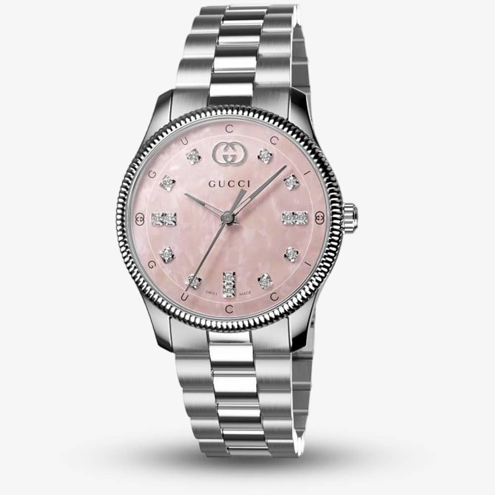 Gucci G Timeless Diamonds Mother of Pearl Pink Dial Silver Steel Strap