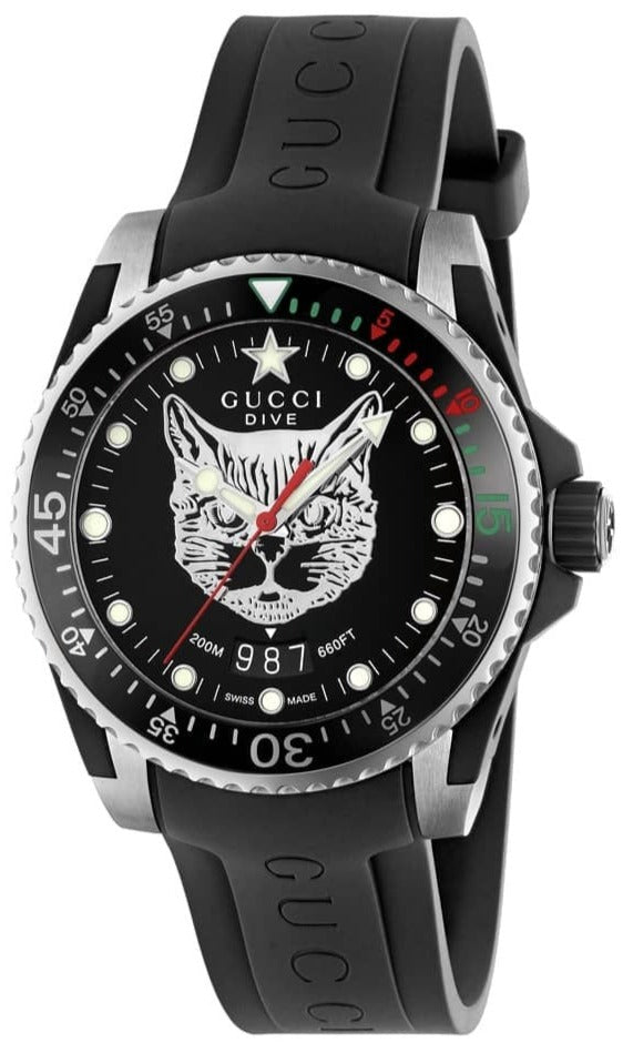Gucci Dive Feline Black Dial Black Rubber Strap Watch For Men