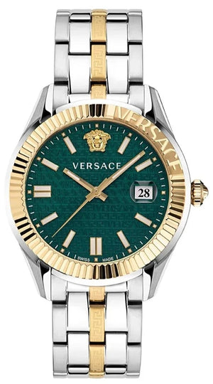 Versace Greca Time Quartz Green Dial Two Tone Steel Strap Watch For Men - VE3K00422