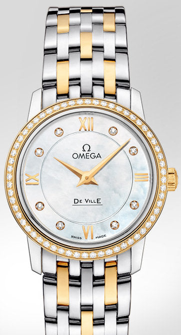 Omega De Ville Prestige Quartz Diamonds Mother of Pearl Dial Two Tone Steel Strap Watch for Women - 424.25.27.60.55.001