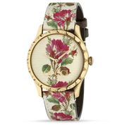 Gucci G Timeless Floral Gold Dial White Leather Strap Watch For Women - YA1264084