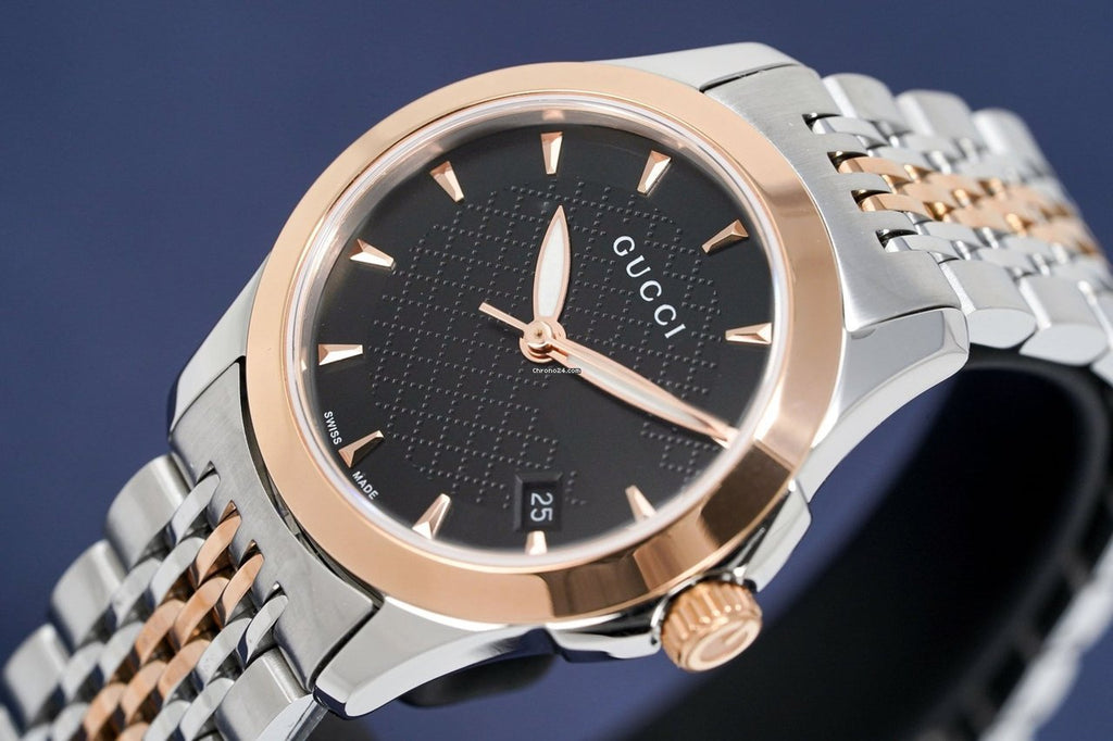 Gucci G Timeless Black Dial Two Tone Steel Strap Watch For Women