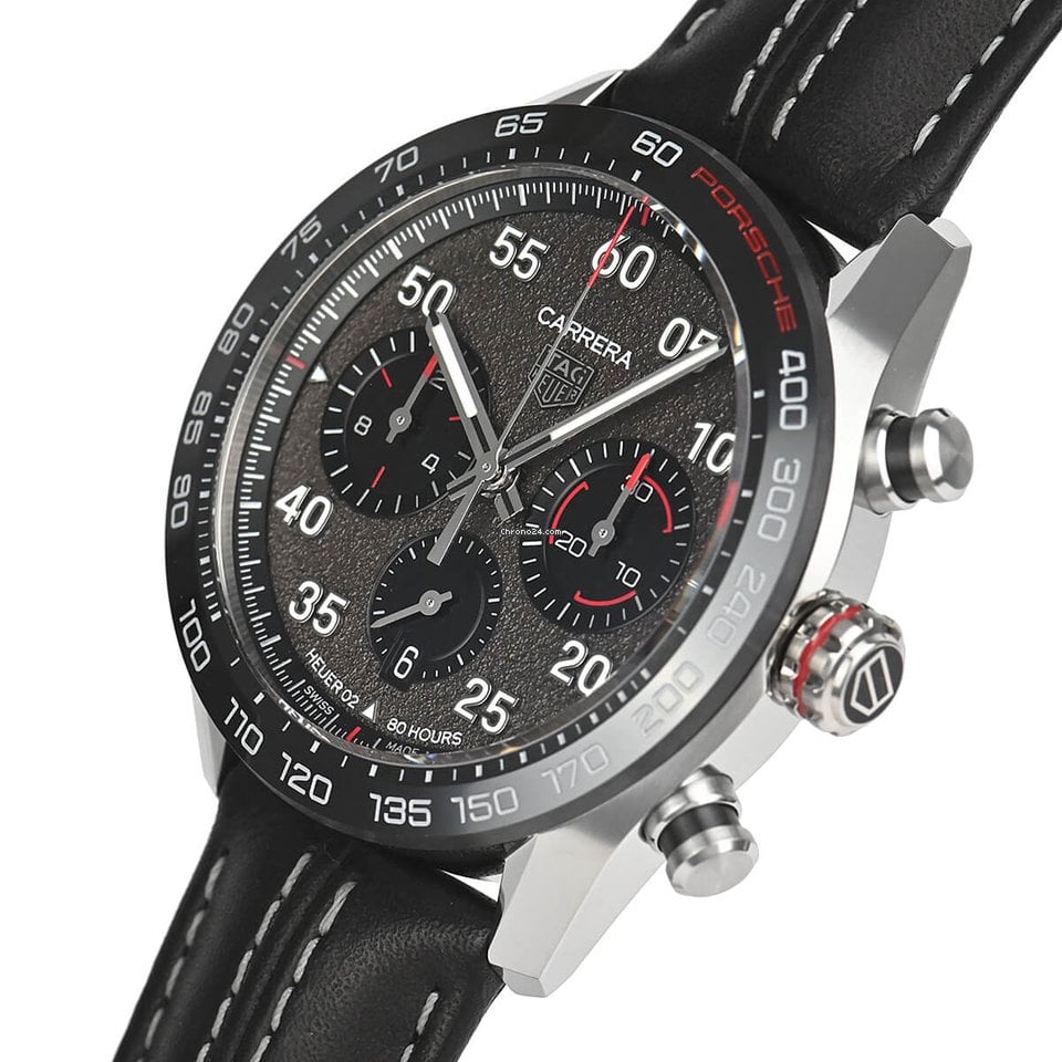 Tag Heuer Carrera Porsche Chronograph Special Edition Black Dial Black  Leather Strap Watch for Men