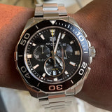 Tag Heuer Aquaracer Quartz Chronograph Black Dial Silver Steel Strap Jam Tangan untuk Pria - CAY111A.BA0927