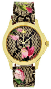 Gucci G Timeless Floral Brown Dial Brown Leather Strap Watch For Women - YA1264038