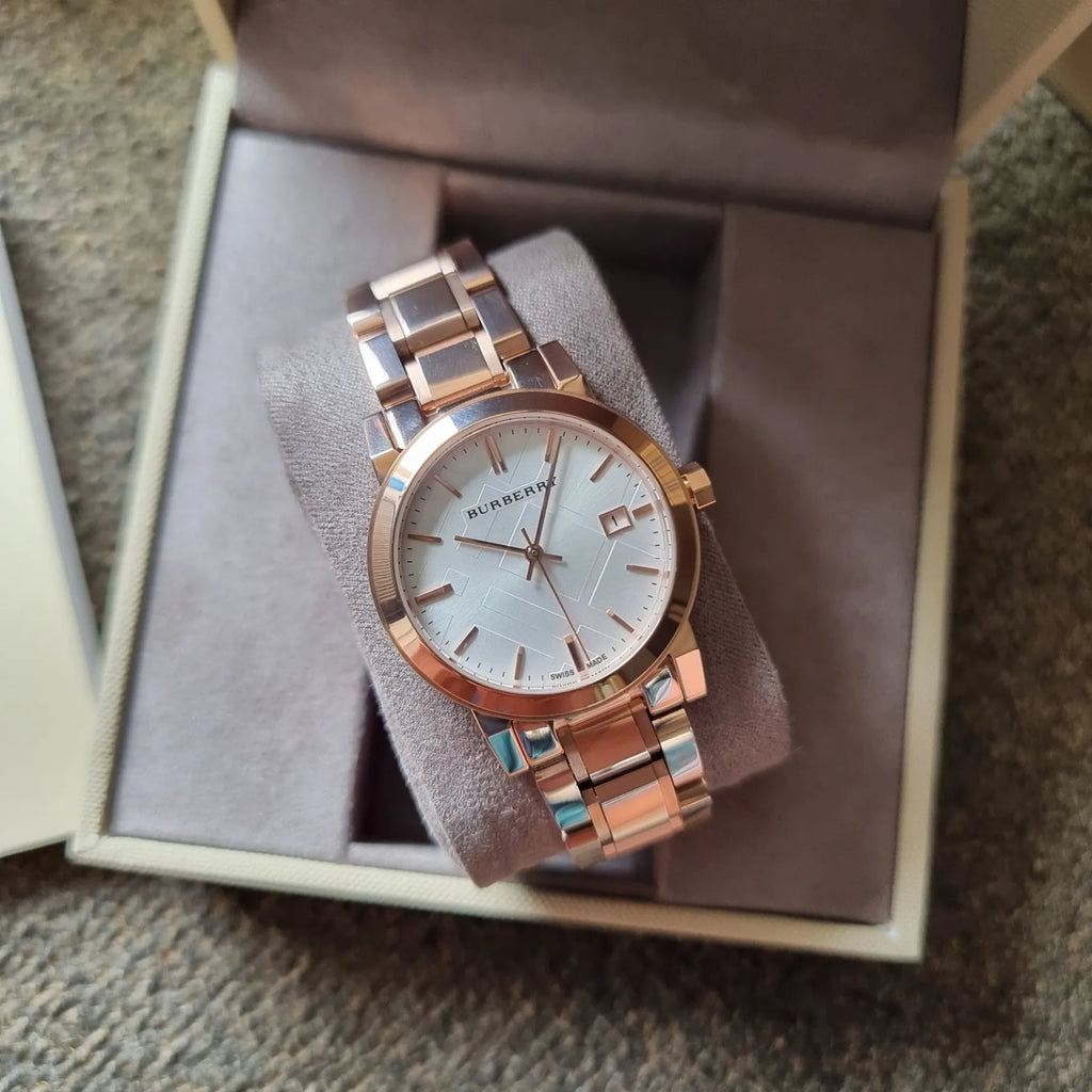 Burberry The City White Dial Rose Gold Steel Strap Watch for Women