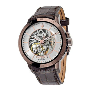 Maserati Ingegno Automatic Skeleton White Dial Brown Leather Strap Watch For Men - R8821119003