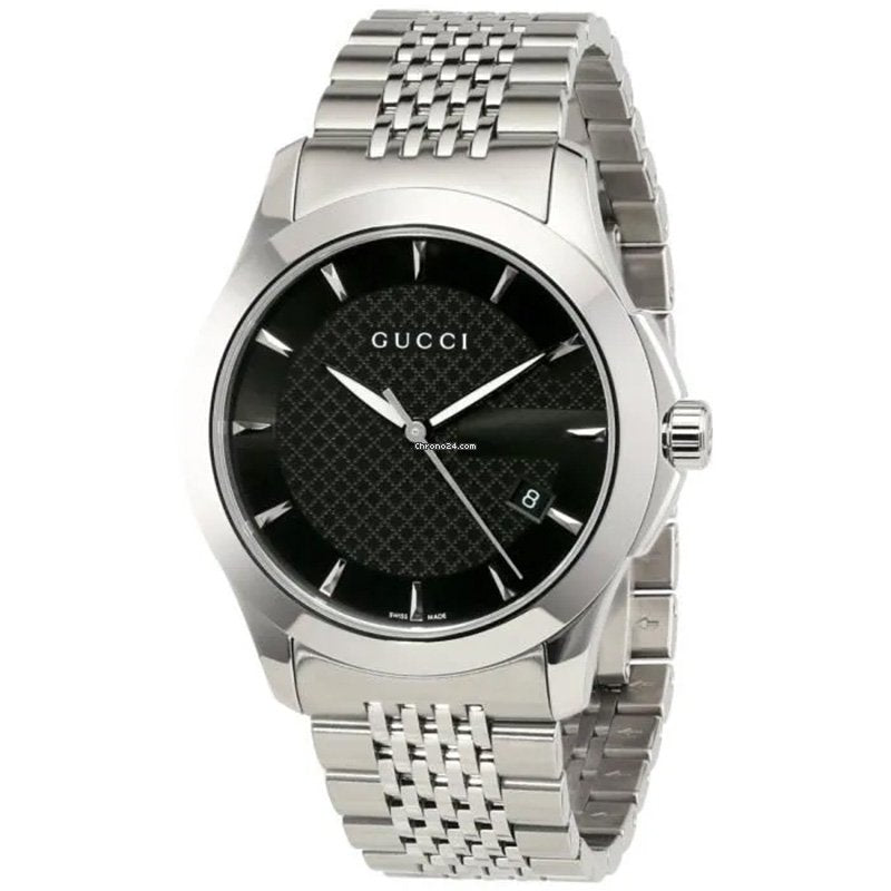 Gucci G Timeless Black Dial Silver Steel Strap Watch For Men