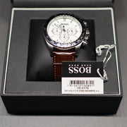 Hugo Boss Ikon Chronograph White Dial Brown Leather Strap Watch for Men - 1513175