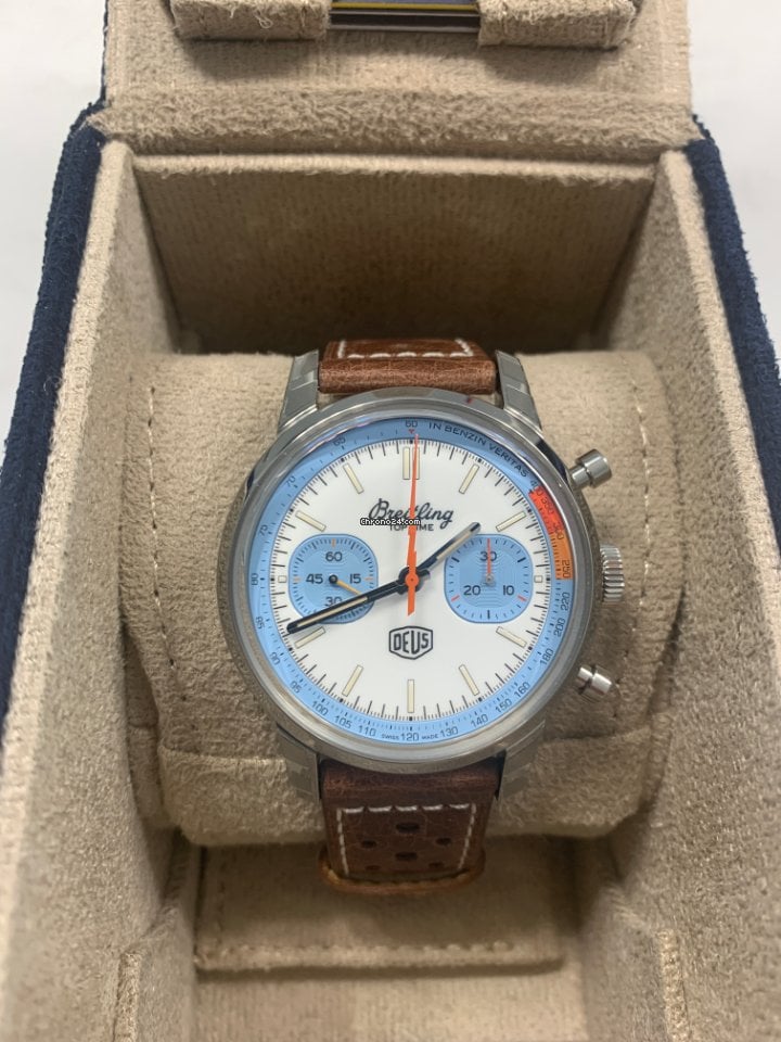 Breitling Top Time Deus Limited Edition White Dial Brown Leather Strap  Watch for Men