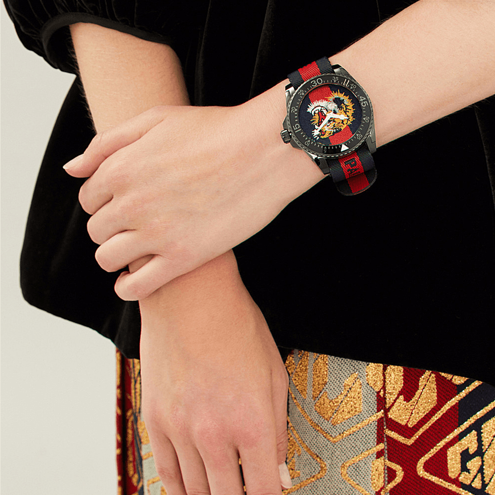 Gucci Dive Tiger Blue and Red Dial Blue Red Blue Nylon Strap Watch