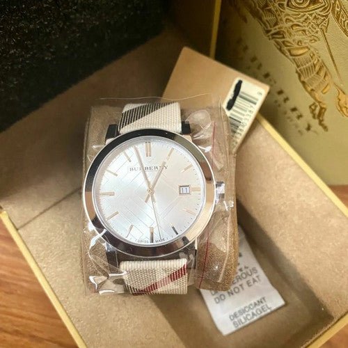 Burberry The City Nova Silver Dial White Leather Strap Watch for Women