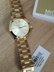 Michael Kors Mini Runway Slim Gold Dial Gold Steel Strap Watch for Women - MK3512