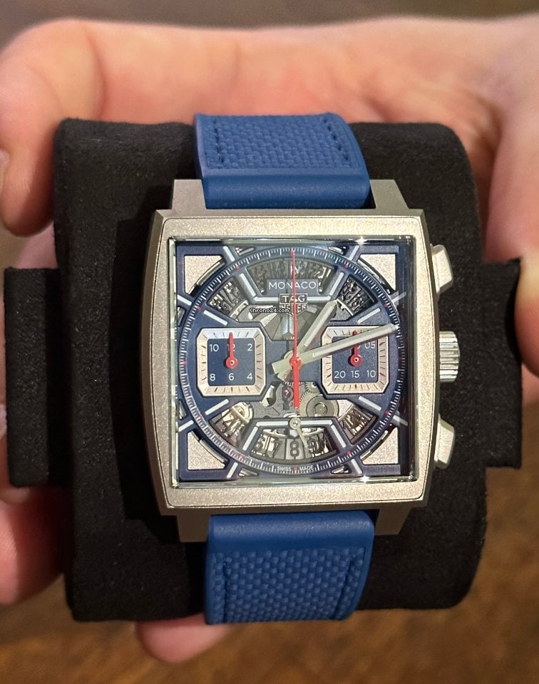 Tag Heuer Monaco Chronograph 39mm Watch - Blue Dial - Blue Rubber & Leather Band - Titanium Square Case