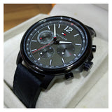 Tommy Hilfiger London Chronograph Grey Dial Black Leather Strap Watch for Men - 1791533