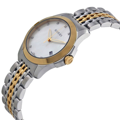 Gucci G Timeless Diamonds Mother of Pearl Dial Two Tone Mesh Bracelet
