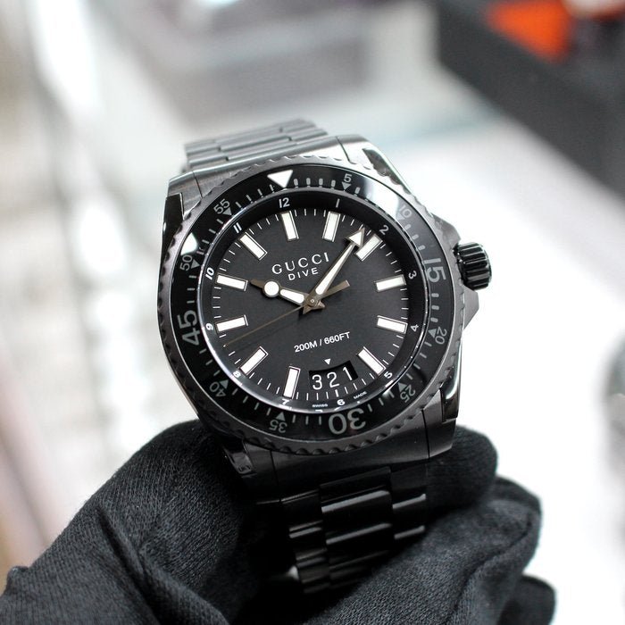 GUCCI アナログ腕時計 ブラック メタル Gucci Diamond Blue / Black Quartz Watch 5 Diamonds Size 7 Working