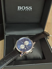 Hugo Boss Jet Chronograph Blue Dial Black Leather Strap Watch for Men - 1513283