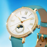 Fossil Jacqueline Analog Moonphase Mother of Pearl White Dial Green Leather Strap Watch for Women - ES5168