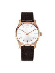 Calvin Klein City White & Gold Dial Brown Leather Strap Watch For Women - K2G23620