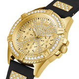 Guess Frontier Diamonds Gold Dial Black Rubber Strap Watch For Women - W1160L1