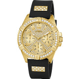 Guess Frontier Diamonds Gold Dial Black Rubber Strap Watch For Women - W1160L1