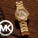 Michael Kors Lennox Three Hand Gold Dial Gold Steel Strap Watch For Women - MK7229