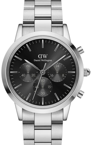 Daniel Wellington Iconic Chronograph Link Black Dial Silver Steel Strap Watch For Men  - DW00100645