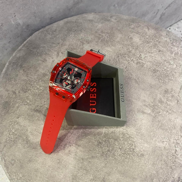 Black for Red Guess Multifunction Rubber Men Phoenix Dial Strap Watch