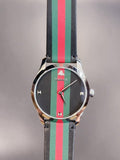 Gucci G Timeless Quartz Black Dial Multicolored Black Leather Strap Watch For Men - YA1264079