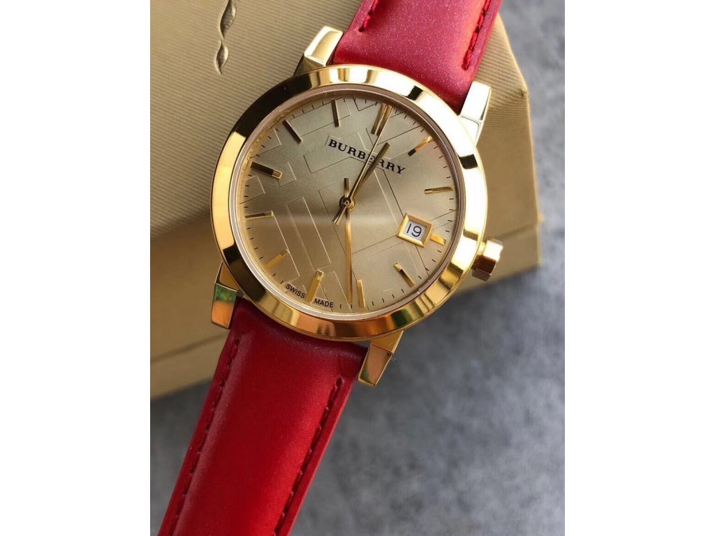 Burberry The City Gold Dial Red Leather Strap Watch for Women display picture 2