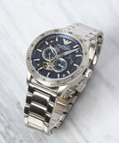 Emporio Armani Mario Chronograph Automatic Blue Dial Silver Steel Strap Watch For Men - AR60052