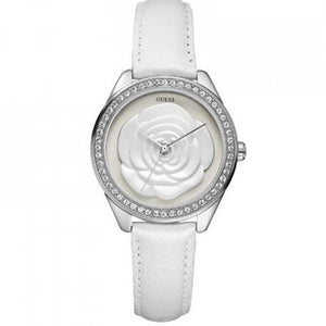 Guess Rosette Analog White Dial White Leather Strap Watch For Women - W75043L1