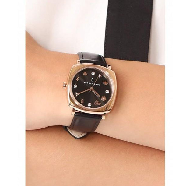 Marc Jacobs Mandy Black Dial Black Leather Strap Watch for Women