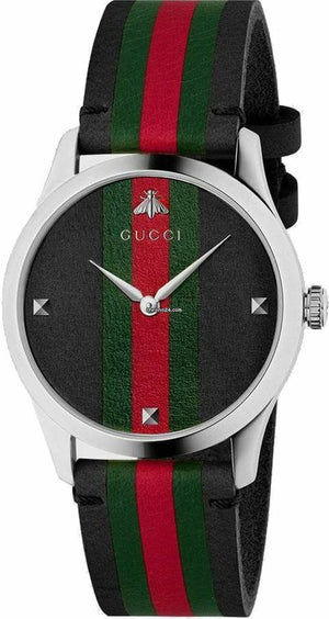 Gucci G Timeless Quartz Black Dial Multicolored Black Leather Strap Watch For Men - YA1264079