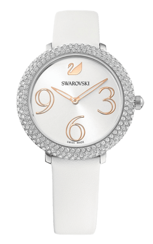 Swarovski Crystal Frost Silver Dial White Leather Strap Watch for Women - 5484070