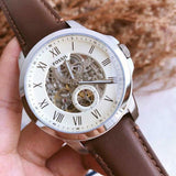 Fossil Grant Automatic White Dial Brown Leather Strap Watch for Men - ME3052