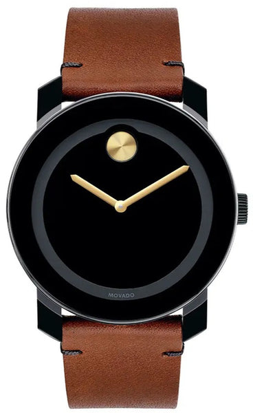 Movado Bold Black Dial Brown Leather Strap Watch For Men