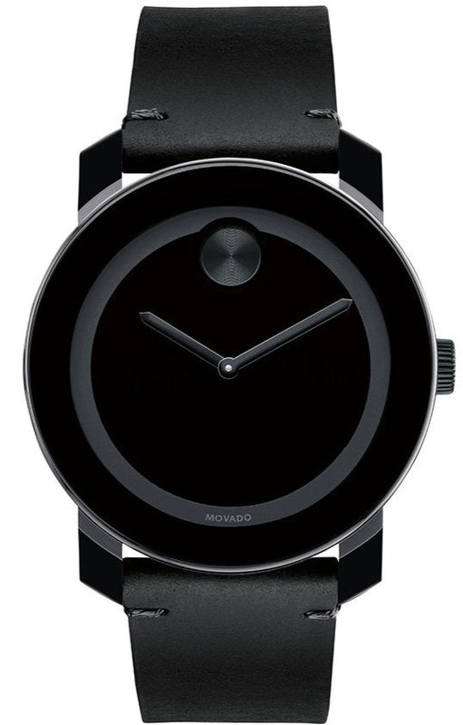 Movado Bold Black Dial Black Leather Strap Watch For Men