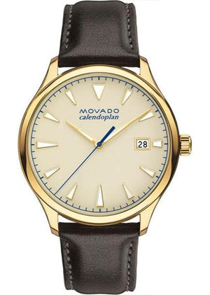 Movado Heritage Calendoplan Beige Dial Brown Leather Strap Watch for Men - 3650003