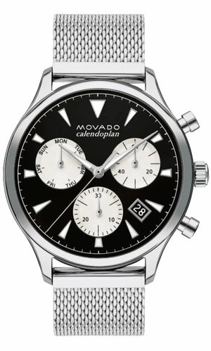 Movado Heritage Calendoplan Chronograph Black Dial Silver Mesh Strap Watch for Men - 3650097